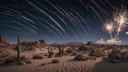 Desert Night Sky Fireworks and Meteor Shower Over Cacti Landscape.