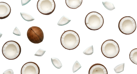 Scattered coconut halves and pieces on a black background creating a simple pattern look fresh and tropical