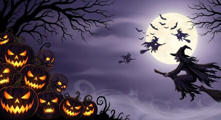 Fototapeta premium Spooky Halloween Night With Witches, Pumpkins and Bats Under a Full Moon, Scary, Creepy, Haunted