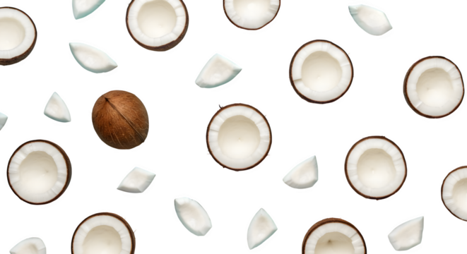 Scattered coconut halves and pieces on a black background creating a simple pattern look fresh and tropical