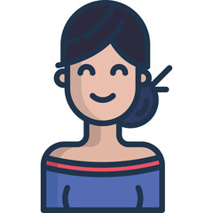 Simple Flat Illustration of a Woman with Dark Hair Smiling with Closed Eyes and a Blue Top with Off-the-Shoulder Design Perfect for Digital Use