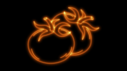 Vibrant orange neon outline illustration depicting two fresh, ripe tomatoes, glowing brilliantly against a dark black background, ideal for modern culinary themes and digital designs.