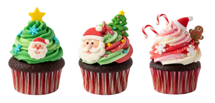Christmas cupcakes with Santa, Christmas tree and candy cane decorations isolated on transparent background