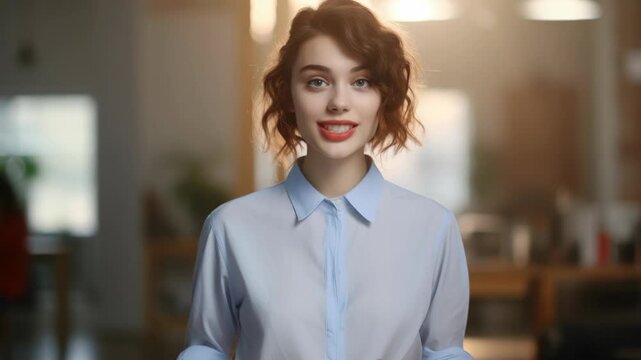 A young woman with short hair smiling and wearing a light blue shirt in a kitchen setting, suggesting a friendly atmosphere for home cooking.
