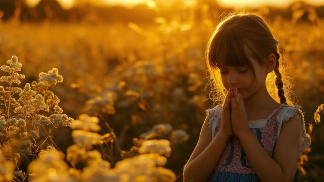 A young girl is praying in a field of yellow flowers. She is wearing a blue dress and has her hands clasped together