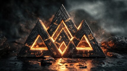 Norse Valknut symbol, three interlocking triangles of dark, petrified wood, ancient runes etched on the surface glow with Odin's wisdom, stormy light