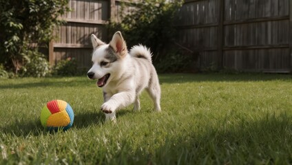 Happy dog running towards a colorful ball in a grassy backyard.