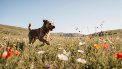 Happy Terrier Dog Running Through a Field of Wildflowers Under a Blue Sky.