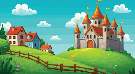 Fairy tale castle with golden spires on hill, colorful houses, wooden fence, lush green landscape, blue sky, whimsical fantasy illustration