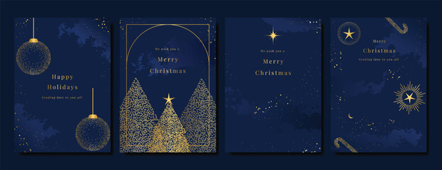 Christmas Luxury gold  invitation card design vector. Christmas pine leaves, snowflake with gold foil and spot texture on navy blue background. Design illustration for cover, print, poster, ads.