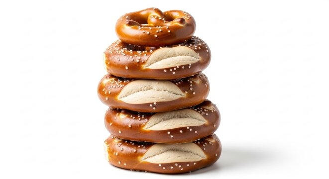 Stacked Pretzels with Sea Salt on White Background, Baked, Bakery, Bread