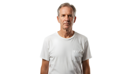 Portrait of a serious older man wearing a white t shirt against a black background in the studio