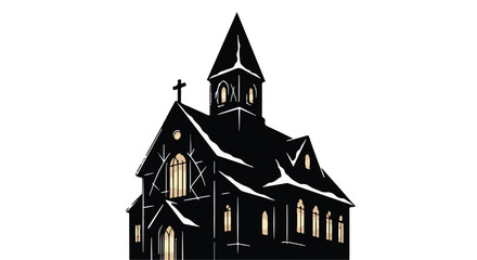 Obraz premium Gothic church silhouette with glowing windows against a white background