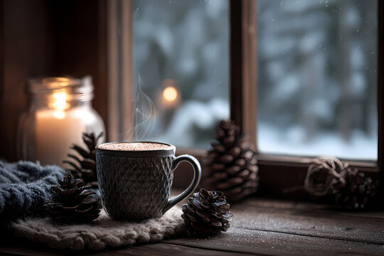 Cozy winter morning scene with a steaming mug on a rustic wooden windowsill, adorned with pinecones and a warm knitted blanket, overlooking a serene snowy landscape - Powered by Adobe