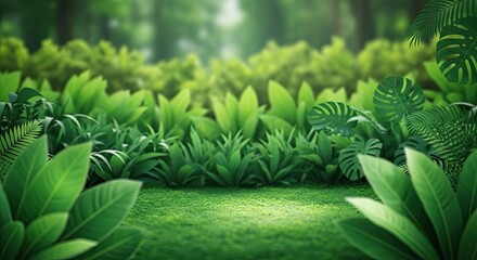 Lush green foliage and a vibrant grassy clearing beckon you to explore a peaceful jungle sanctuary, perfect for conveying nature's serenity and the beauty of tropical environments