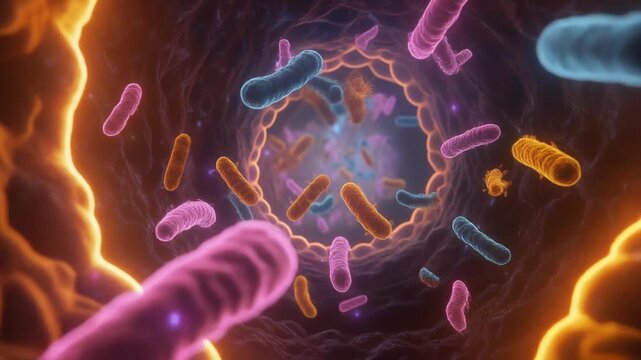 Microscopic view of bacteria and microorganisms in a vibrant, colorful, and abstract biological environment, illustrating the concept of life at a cellular level