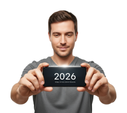 Capturing future visions man holding smartphone in 2026 concept isolated on transparent background