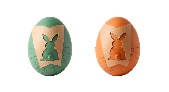 Two easter eggs with bunny cutouts one green and one orange on a black background studio shot easter theme