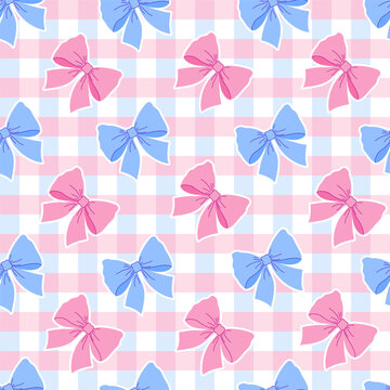 Seamless pattern with alternating pink and blue bows scattered over a pastel pink and blue gingham background.