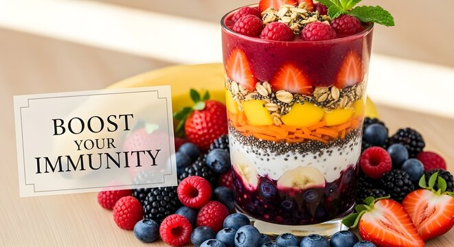 A vibrant layered smoothie or parfait in a glass, packed with fresh berries, granola, and chia seeds, with a boost your immunity sign, promoting healthy eating and wellness