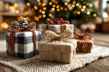 Obraz premium Beautiful Christmas gift boxes on floor near fir tree in room