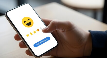 Customer satisfaction survey on a smartphone with a smiling face and three stars