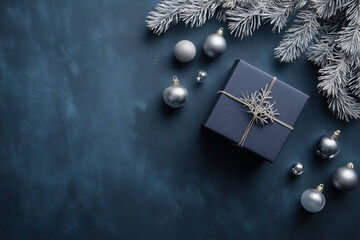 Navy blue Christmas gift with silver ornaments, frosted pine branches and golden ribbon on textured dark background — festive holiday flat lay