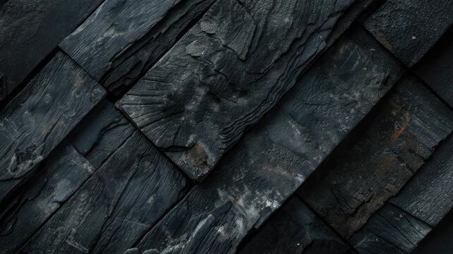 A close-up of rough black rocks with a focus on the front and a blurred background. The stone has jagged edges and shows variations in texture.