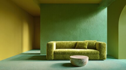 Modern living room with a green and yellow color scheme. the walls are painted in a bright green color, and the floor is covered in a light blue carpet.