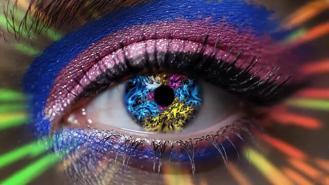 surreal close-up shot of a constantly evolving human eye in a vibrant psychedelic style. The thick dark blue outlined eye, with its kaleidoscopic, swirling blue, pink, purple, and yellow fractal iris,