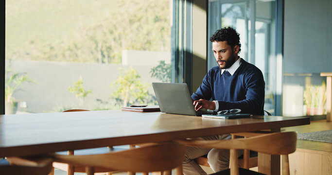 Laptop, research and typing with business man in office for legal report, witness testimonial and reading. Court case planning, attorney records and tech with person in law firm for schedule