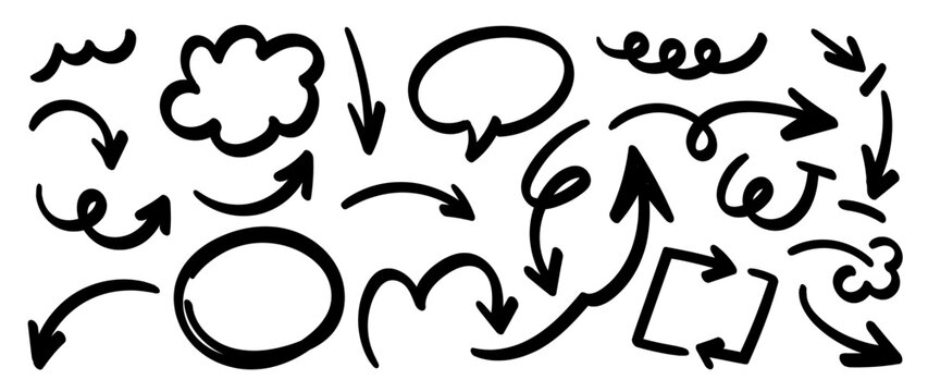 Hand drawn arrow vector set &mdash; doodle sketch curved arrows and symbols in black ink for notes and highlights