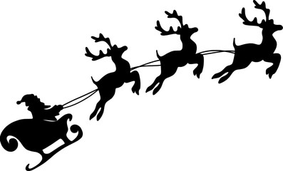 Santa Claus riding sleigh with reindeer, flying Christmas silhouette illustration, festive holiday scene, winter Christmas vector art, traditional Santa sleigh