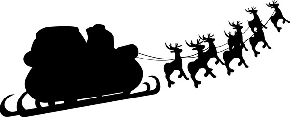 Santa Claus riding sleigh with reindeer, flying Christmas silhouette illustration, festive holiday scene, winter Christmas vector art, traditional Santa sleigh