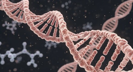 Closeup 3d render of a dna double helix structure with molecules in the background, representing genetics, science, and biotechnology