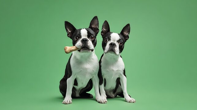 Two boston terriers sitting on a green background with one holding a bone in its mouth looking at camera