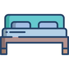 Simple illustration of a bed with teal headboard and brown frame with pillows on a transparent background representing bedroom furniture or sleep concept