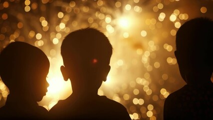 A group of children in the dark, looking at a bright light show. They are silhouetted against the fireworks display.