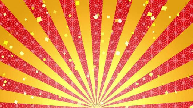 和柄　集中線　効果線　和風　麻の葉　文様　年賀　正月　お歳暮　初売り　成人式　日の出　キラキラ　サンバースト　豪華　華やか　派手　当選　特典　Japanese pattern.Festulatory light and confetti.Sunburst, Starburst.Loop video.
