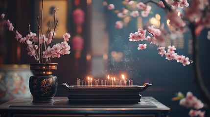 "Ching Ming Festival: Traditional altar with incense and blossoms, cultural harmony"