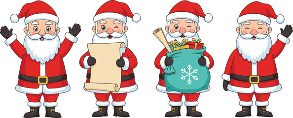 Cartoon Santa Claus characters waving, reading list, holding gift sack, smiling, festive Christmas holiday illustration, cheerful holiday season clipart design