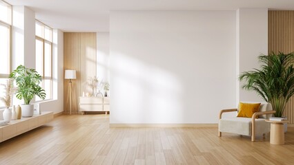 modern minimalist theme room decoration, wooden floor, spacious room