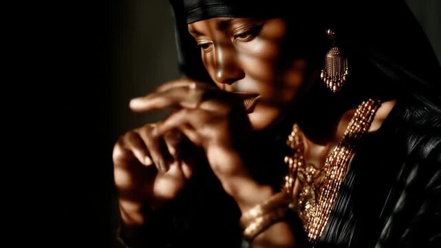 Woman using laptop illuminated by sunlight with geometric shadow patterns