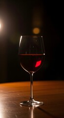 A glass of red wine placed on a wooden surface with a dark background and soft lighting highlighting the glass and liquid