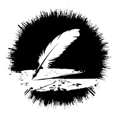 Quill pen resting on paper with ink splatters in a creative workspace