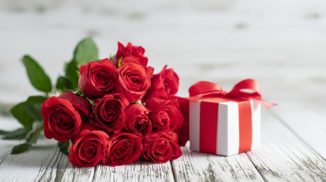 Romantic valentine's day background with red roses bouquet and gift box on white wooden table for love, celebration, and festive decoration