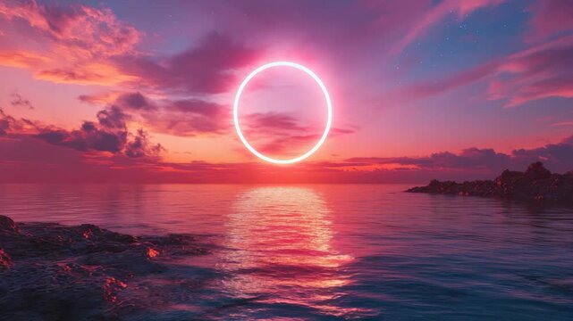 Gorgeous purple sky with solar eclipse reflected in ocean water, creating a magical beach scene.