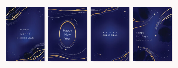 Christmas Luxury gold  invitation card design vector. Christmas pine leaves, snowflake with gold foil and spot texture on navy blue background. Design illustration for cover, print, poster, ads.