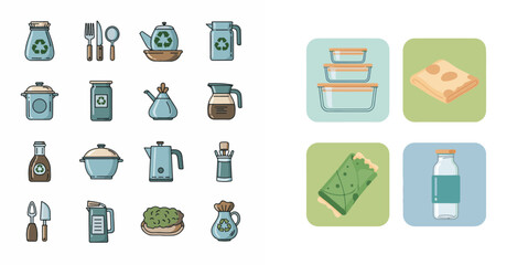 Collection of Flat Line Art Eco-friendly Kitchen and Storage Icons