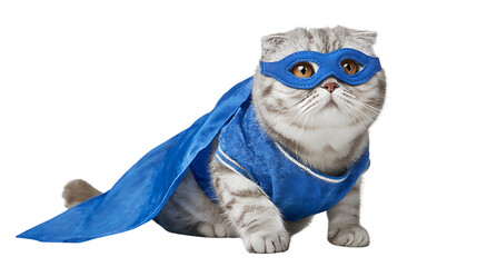Cute Scottish fold cat wearing a blue superhero costume and cape on transparent background